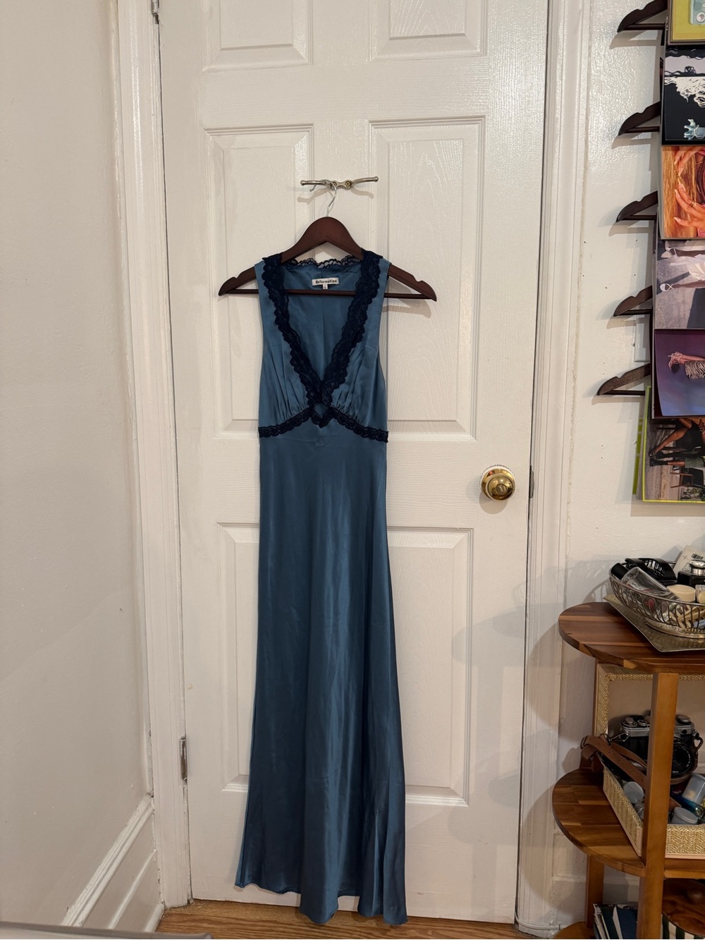 Reformation Teal Satin Maxi Dress with Dark Lace Trim